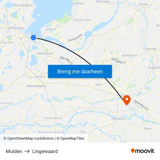 Muiden to Lingewaard map