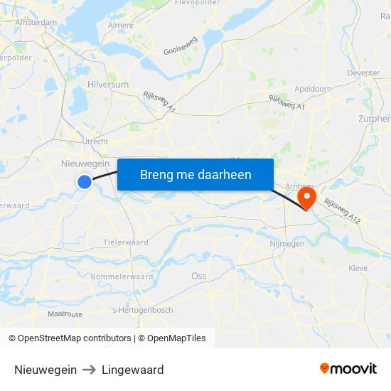 Nieuwegein to Lingewaard map