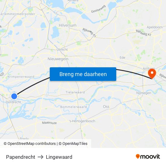 Papendrecht to Lingewaard map
