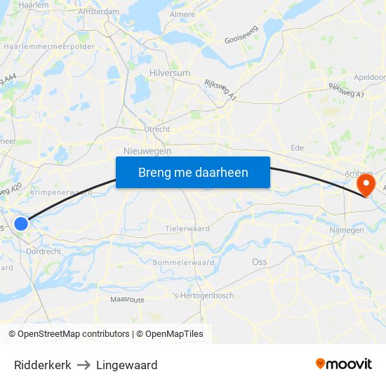 Ridderkerk to Lingewaard map