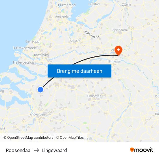 Roosendaal to Lingewaard map