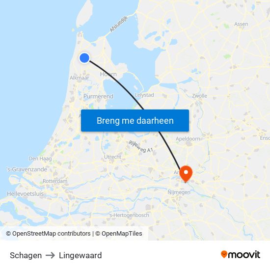 Schagen to Lingewaard map