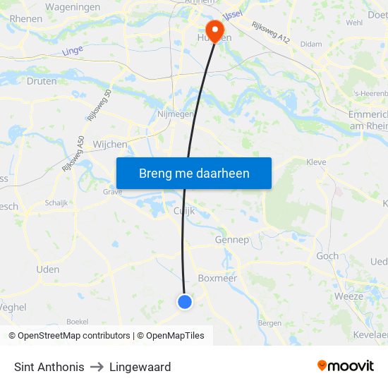 Sint Anthonis to Lingewaard map
