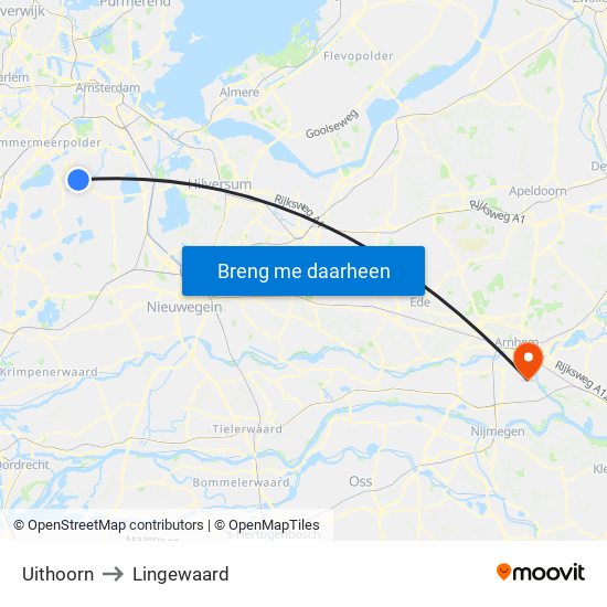 Uithoorn to Lingewaard map