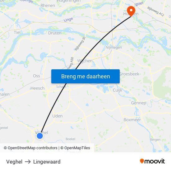 Veghel to Lingewaard map