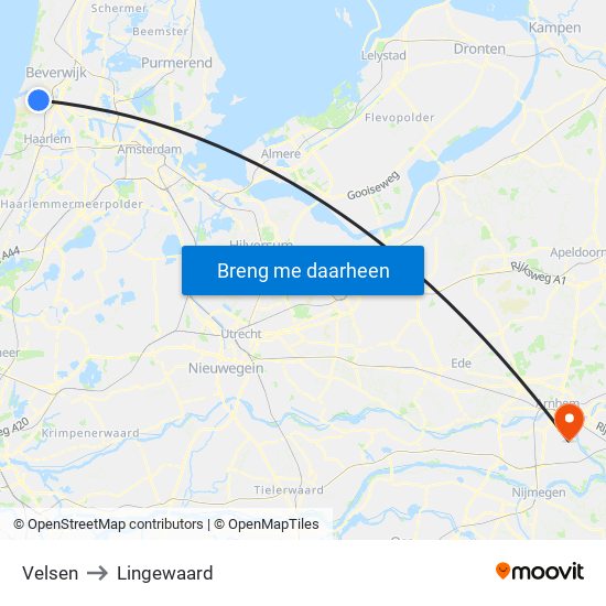 Velsen to Lingewaard map