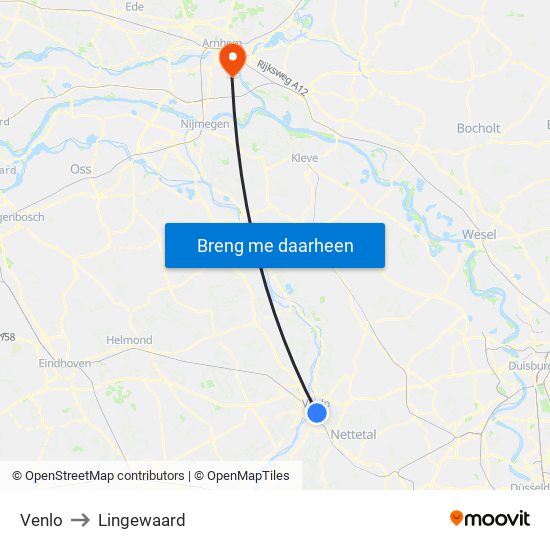 Venlo to Lingewaard map