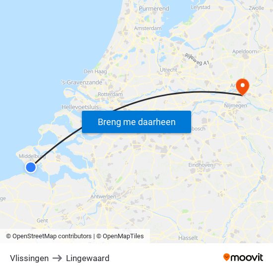 Vlissingen to Lingewaard map