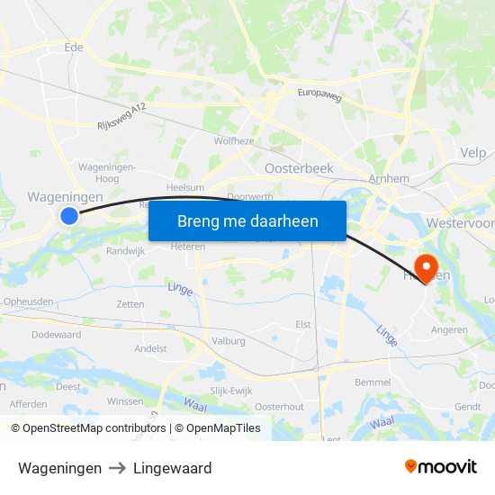 Wageningen to Lingewaard map