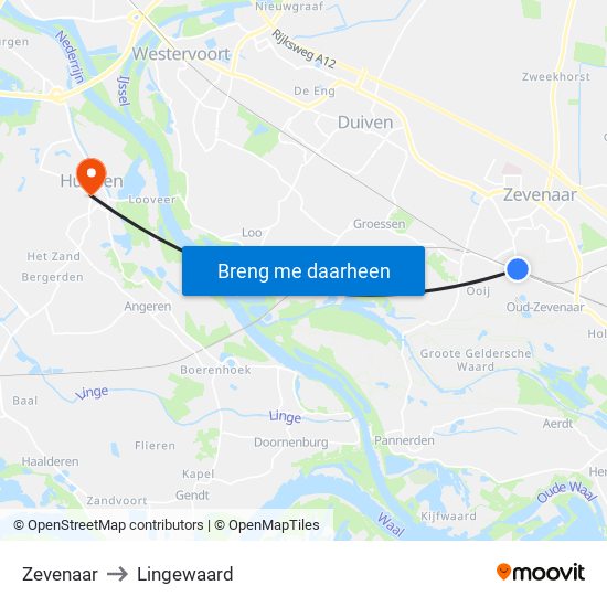 Zevenaar to Lingewaard map