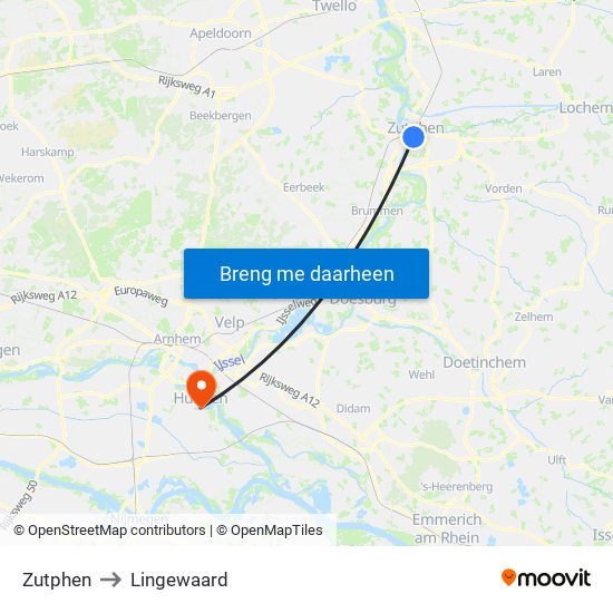 Zutphen to Lingewaard map