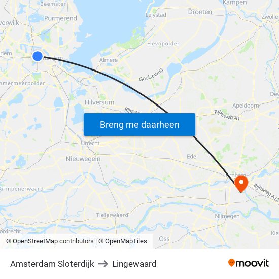 Amsterdam Sloterdijk to Lingewaard map