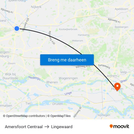 Amersfoort Centraal to Lingewaard map
