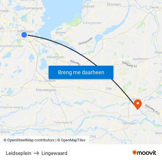 Leidseplein to Lingewaard map