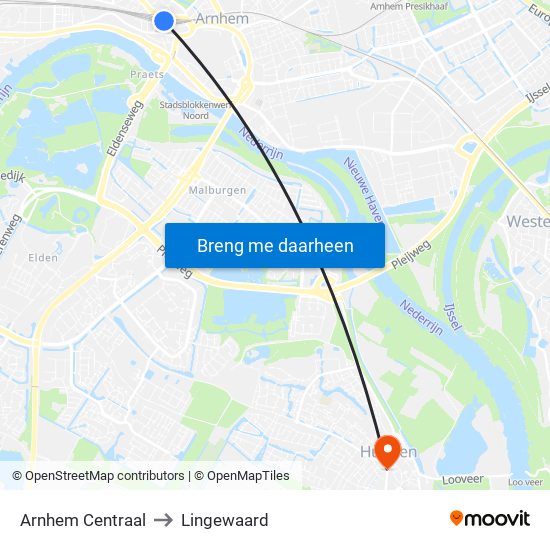 Arnhem Centraal to Lingewaard map