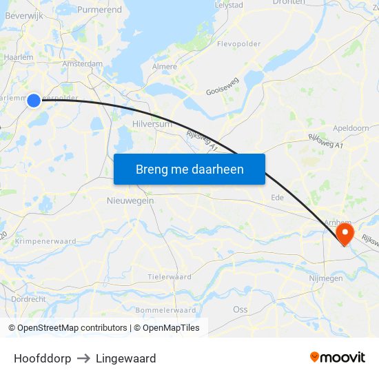 Hoofddorp to Lingewaard map