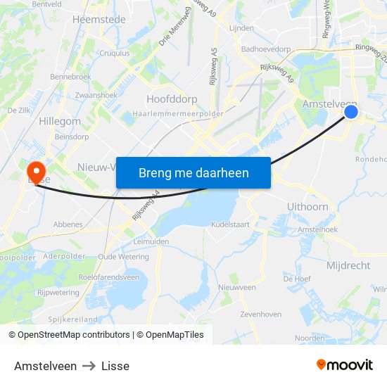 Amstelveen to Lisse map