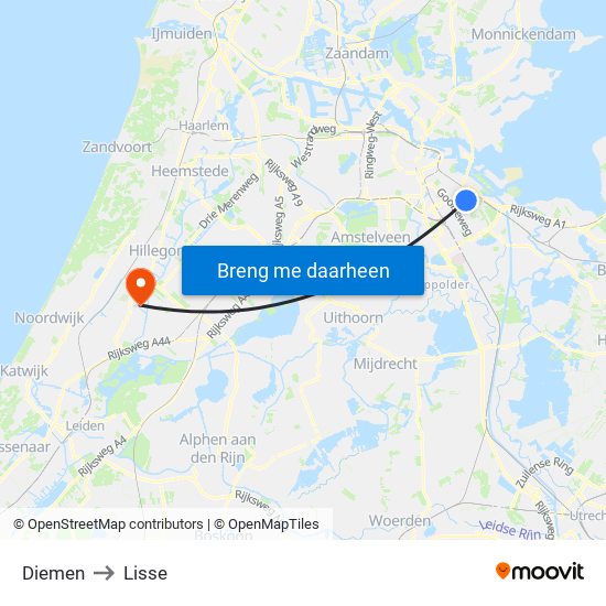 Diemen to Lisse map