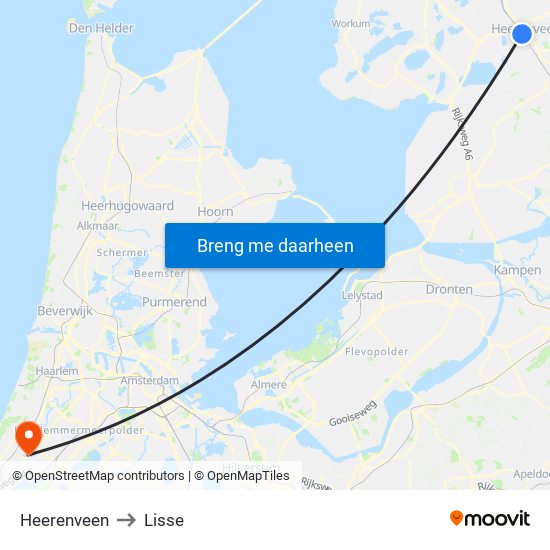 Heerenveen to Lisse map