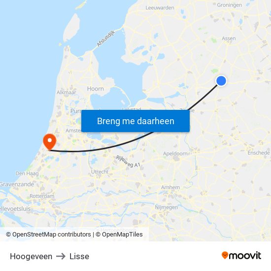 Hoogeveen to Lisse map