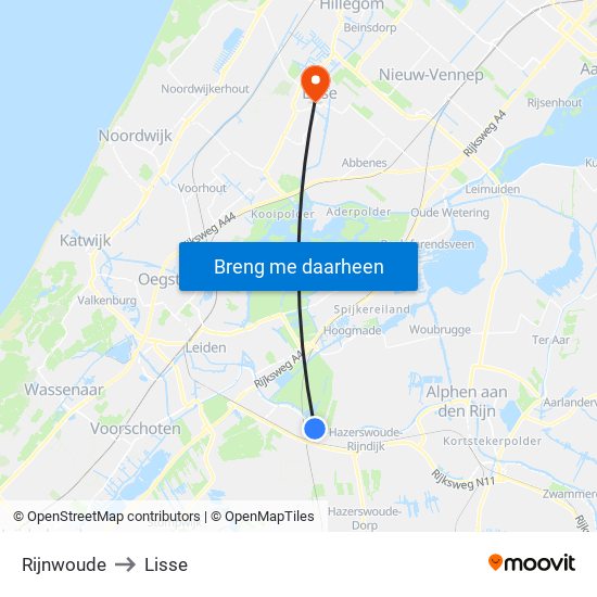 Rijnwoude to Lisse map