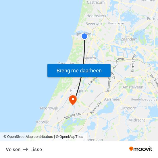 Velsen to Lisse map