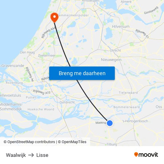 Waalwijk to Lisse map