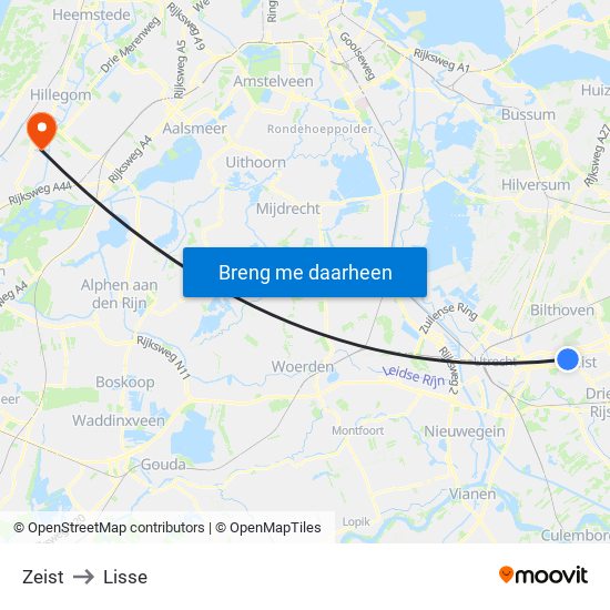 Zeist to Lisse map
