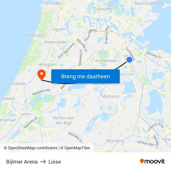 Bijlmer Arena to Lisse map