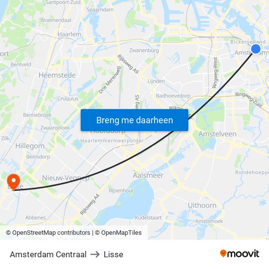 Amsterdam Centraal to Lisse map