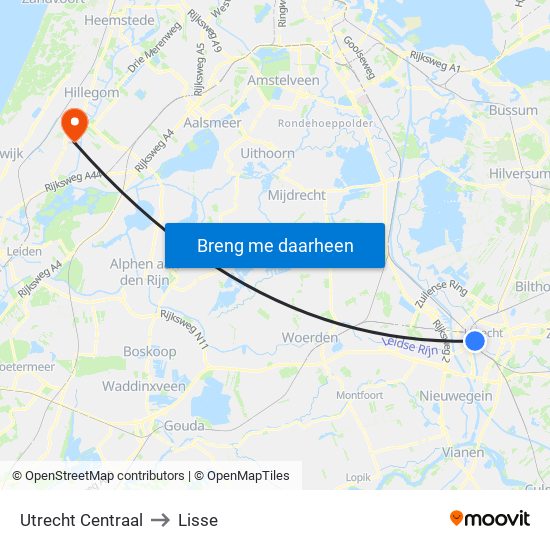 Utrecht Centraal to Lisse map