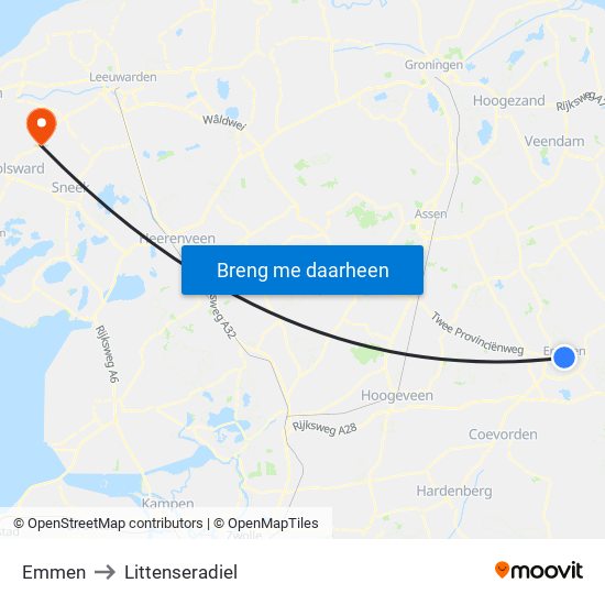Emmen to Littenseradiel map