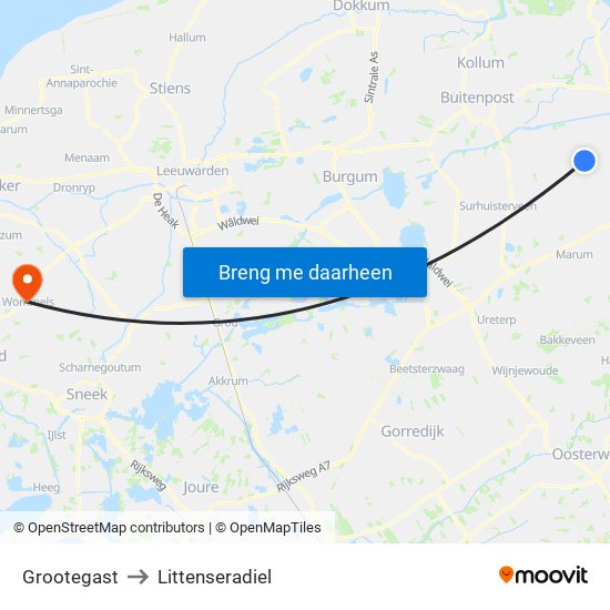 Grootegast to Littenseradiel map