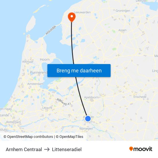 Arnhem Centraal to Littenseradiel map