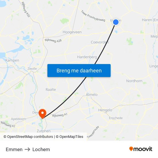 Emmen to Lochem map