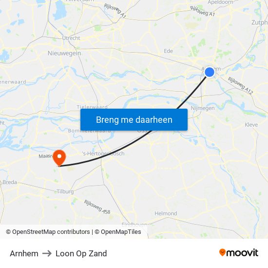 Arnhem to Loon Op Zand map
