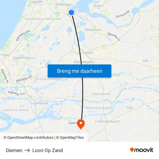 Diemen to Loon Op Zand map