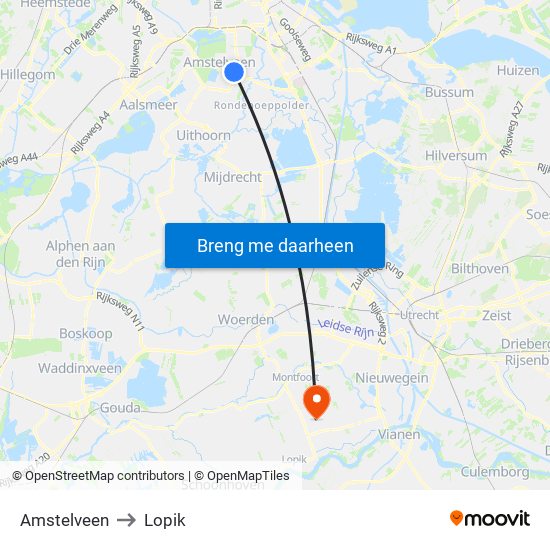 Amstelveen to Lopik map