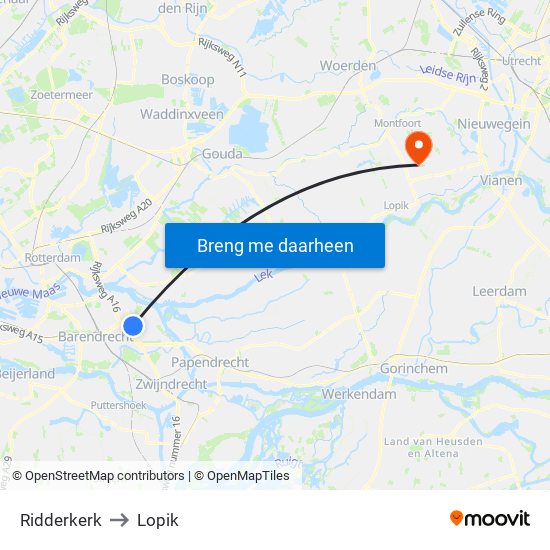 Ridderkerk to Lopik map
