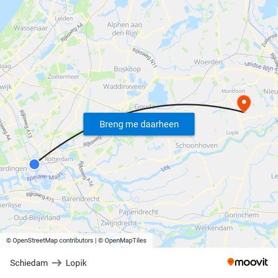 Schiedam to Lopik map