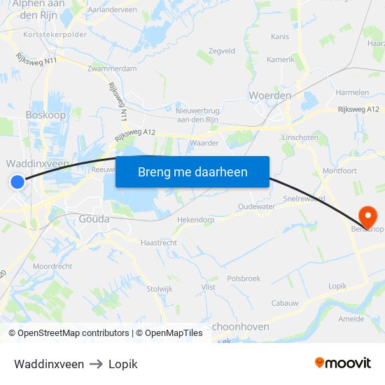 Waddinxveen to Lopik map