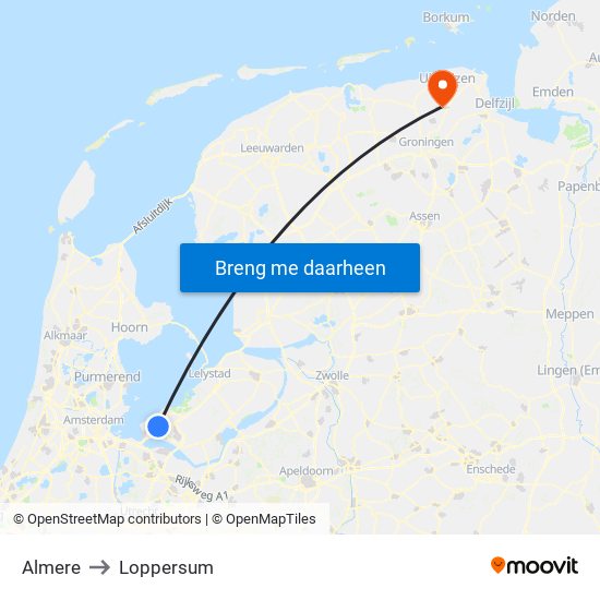 Almere to Loppersum map