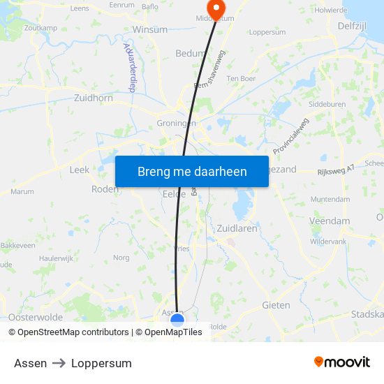 Assen to Loppersum map