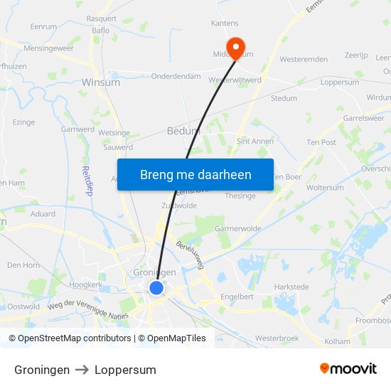 Groningen to Loppersum map
