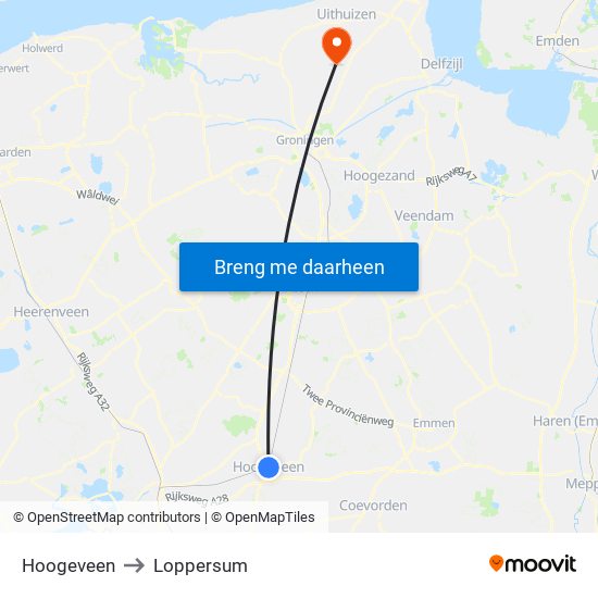 Hoogeveen to Loppersum map
