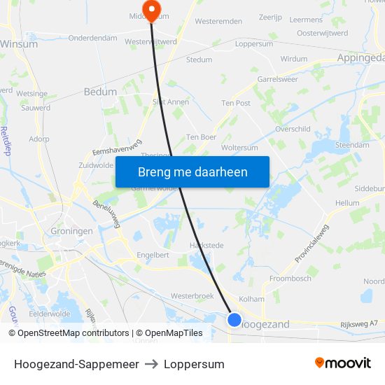 Hoogezand-Sappemeer to Loppersum map