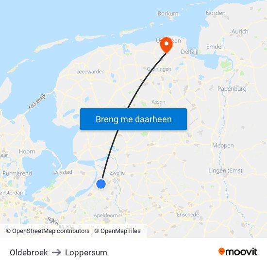 Oldebroek to Loppersum map
