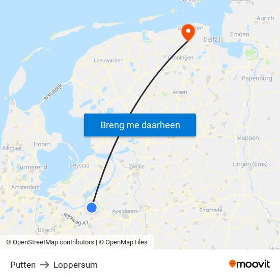 Putten to Loppersum map