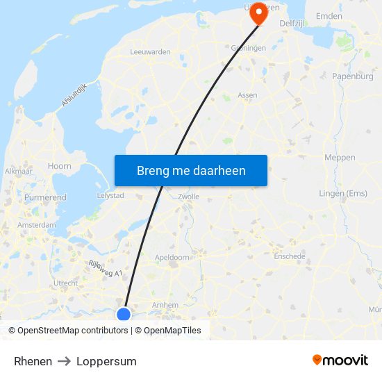 Rhenen to Loppersum map