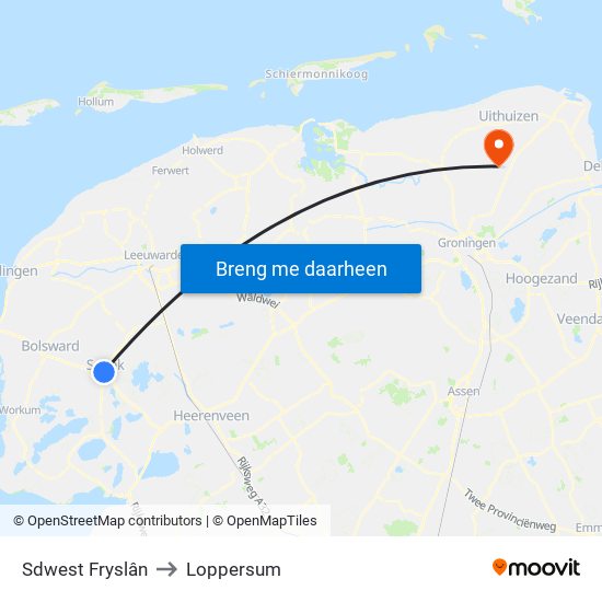 Sdwest Fryslân to Loppersum map